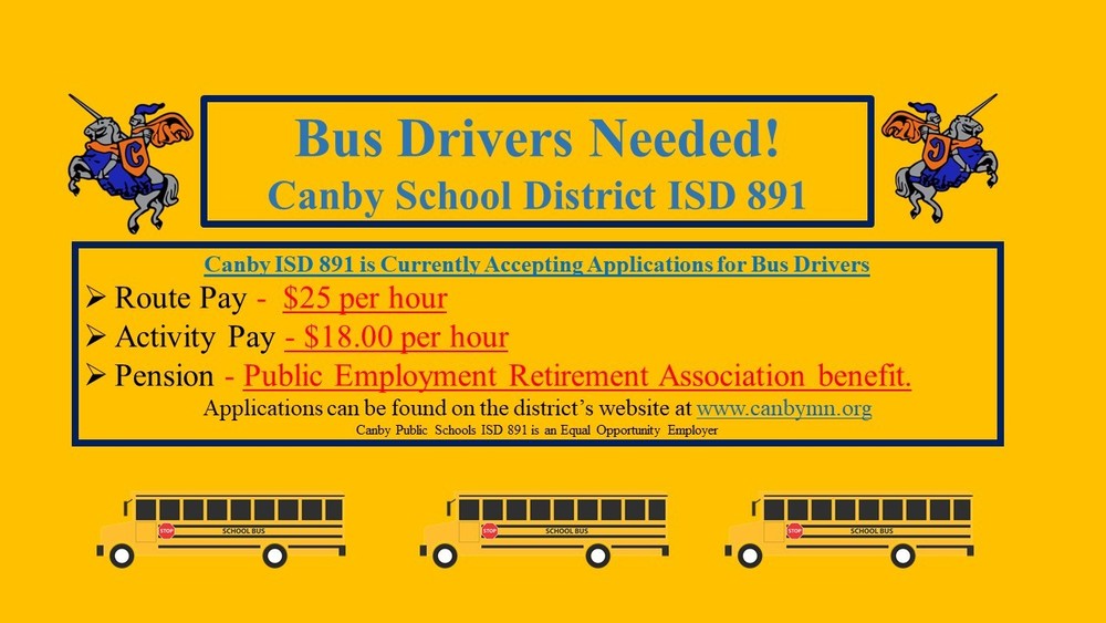 Advertisement for school bus drivers.  Twenty five dollars per hour for route pay and eighteen dollars per hour for activity pay.