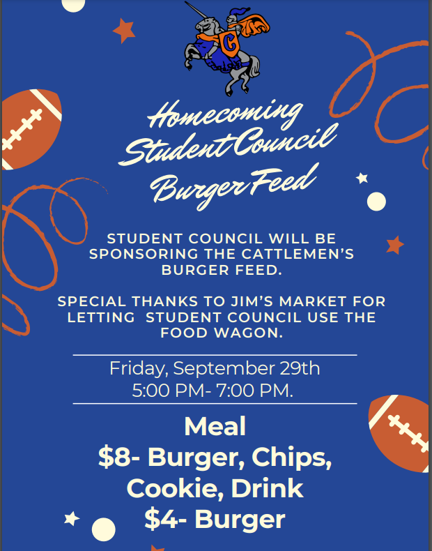 Student Council Burger Feed September 29 5:00 to 7:00 pm at bus garage